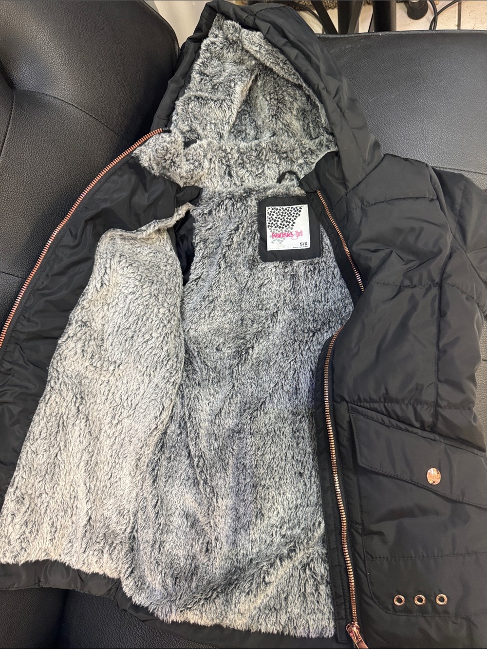 Kensie Girl Black Puffer Jacket with Gray Faux-Fur Lining